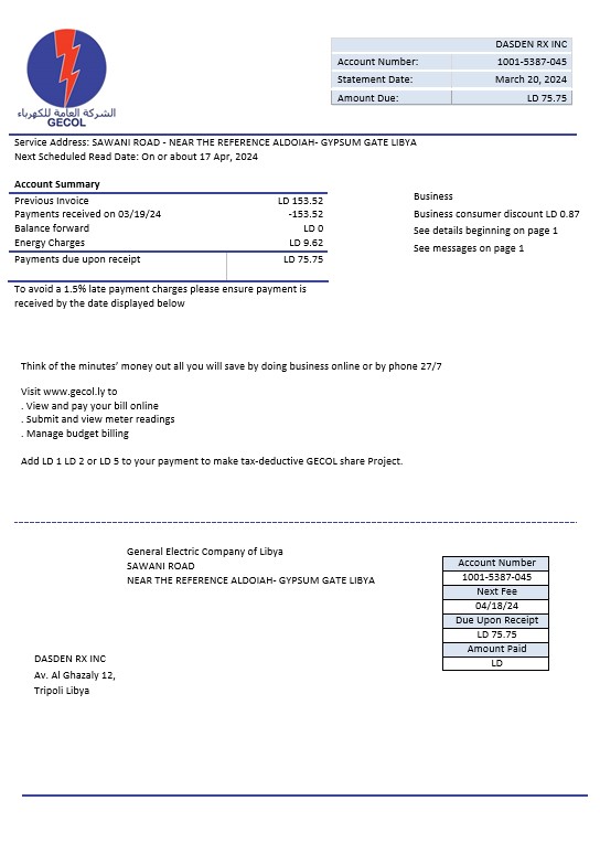 Libya General Electric Company electricity business utility bill template in Word and PDF formats
